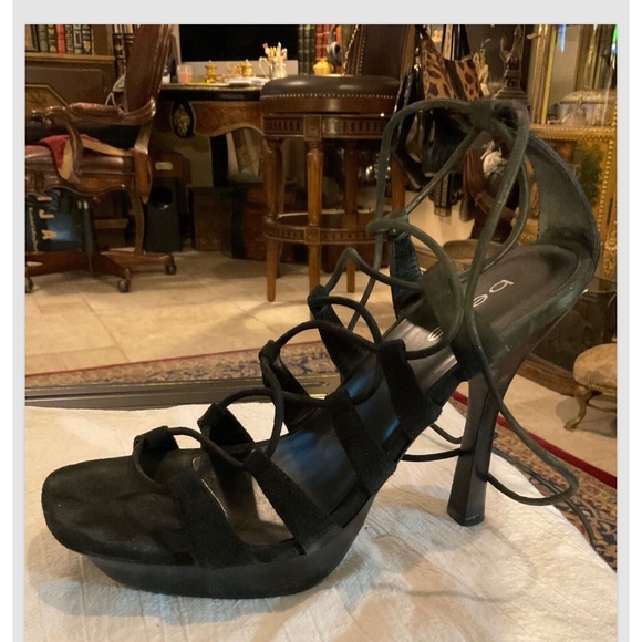 Bebe Tie Up Black Strappy Sandals Stiletto Heels Size 8 Platform - Picture 3 of 8